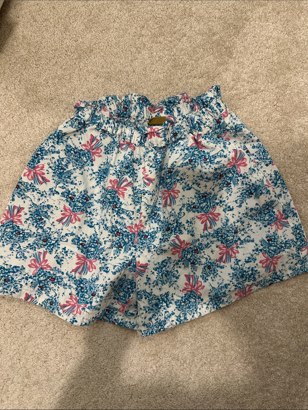 Uniqlo White Floral Paperbag Waist Shorts with Pink & Blue Print (9-10 yrs)